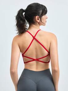 Loungeista 一件式女士无缝针织罗纹性感胸罩，无线交叉带露背运动胸罩 - 紅色 - 查看 3