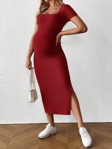 SHEIN Maternity Solid Color Square Neck Short Sleeve Ribbed Side Slit Hem Fitted Casual Dress - Red - View 7