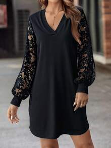 EMERY ROSE Women's Casual Loose Solid Color V-Neck Long Sleeve Dress - Black - View 3