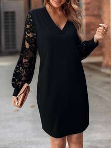 EMERY ROSE Women's Casual Loose Solid Color V-Neck Long Sleeve Dress - Black - View 4