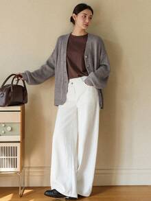 Dazy-Less Women's Casual Drop Shoulder Long Sleeve Knitted Cardigan, Autumn/Winter - Grey - View 4