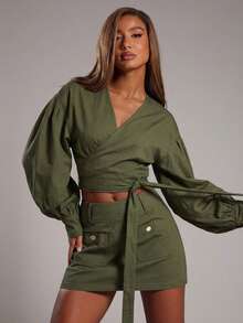 NYA SZN 长袖宽松牛仔露脐上衣，系带设计，适合日常休闲、商务休闲、办公室、教师、教堂、夜间外出、秋冬季等场合，也适合通勤穿着，是女士的理想之选。 - 棕色 - 查看 4