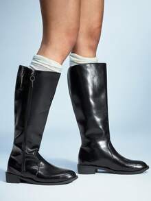 Sugerpunk 女士时尚休闲圆头拉链过膝长靴，秋季 - 黑色 - 查看 4