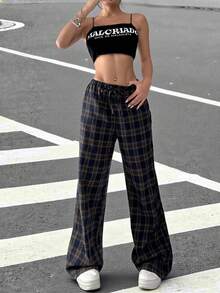 SHEIN EZwear 格纹印花抽绳腰带斜口袋宽松休闲阔腿裤