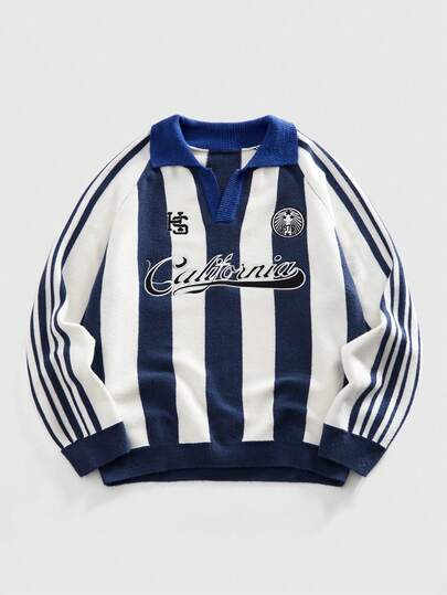 ROMWE MEN Men's Collar Embroidery Streetwear Stylish Knit Sweater