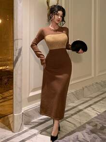 DAZY Vestido de suéter de punto con bloque de color y lentejuelas elegante para mujer, otoño/invierno - Marrón - Ver 10