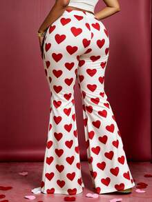 Maweii Quần ống loe ôm sát họa tiết trái tim cỡ lớn thường ngày cho nữ - Đỏ và trắng - Xem 2