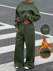 Muchica Women's Autumn/Winter New Olive Green Thermal Lined Casual Loose Hoodie And Sweatpants 2 Pieces Set Hoodie And Sweatpants Set 2 Piece Casual Sets Woman Sweatsuits Sets For Women - Army Green - View 5