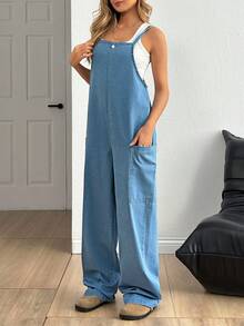 EURMUSE Side Pocket Detailed Long Denim Jumpsuit - Medium Wash - View 5