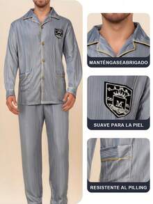 COTOLO Conjunto de Pijama Hombre Gris de Seda Suave, Manga Larga con Bordes Dorados, Diseño Elegante con Escudo, Cálido y Confortable, Regalo de Navidad - Gris - Ver 5