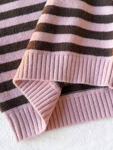 SHEIN Áo len dệt kim cổ tròn tay dài cho bé gái, áo chui đầu dệt kim sọc khối màu đơn giản, ấm áp và thoải mái khi mặc hàng ngày, bộ sưu tập mùa đông mới - Hồng - Xem 7