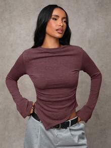 SHEIN BAE Women's Solid Color Long Sleeve Ruched Asymmetric Hem Fashionable Top - Burgundy - View 4