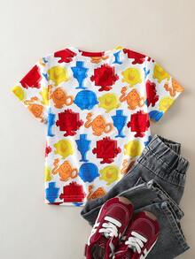 Mr Men Little Miss X SHEIN Young Girl Casual Daily Commute Fashionable Street Cute Cartoon All-Over Print Short Sleeve T-Shirt, Summer - Multicolor - View 2