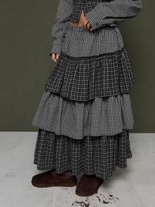 COUREZ Falda midi con volantes y capas a cuadros / Ropa de otoño e invierno Y2K para mujeres, falda negra para mujeres para salir, atuendos de fiesta, Año Nuevo - Gris - Ver 2