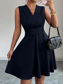 Elenzga Đầm không tay thắt nơ màu trơn thanh lịch cỡ lớn cho nữ - Màu xanh hải quân - Xem 5