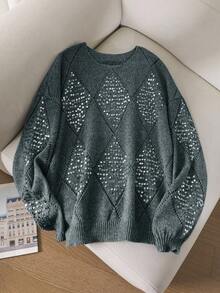 CosyJoli 大码女式时尚休闲深色亮片毛衣，女士休闲毛衣，休闲亮片上衣，闪亮上衣 - 深灰色 - 查看 5