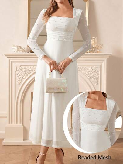 Amorya Women's Elegant Square Neck Long Sleeve A-Line Dress, Purple, Suitable For Party, Spring/Summer Valentine's Day Party Wedding Spring Summer Outfits Long Sleeve Dresses Hides Belly Valentine Day Dress Festival Outfits Women Easter Dress Rhinestone Dress Birthday Outfit For Women Prom Dresses