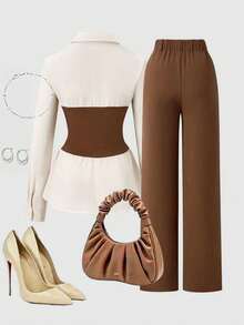GlowEve Women's Casual Long Sleeve Top And Pants Two Pieces Set - Coffee Brown - View 3