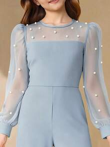 Bộ đồ liền thân dài tay raglan cổ tròn phối lưới 3D trang trí ngọc trai thanh lịch tối giản dành cho bé gái, cạp cao màu trơn, rộng rãi, thích hợp cho tiệc tối, tốt nghiệp, Giáng sinh - Màu xanh lam - Xem 5