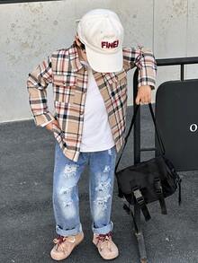SHEIN Little Byeori 2pcs/Set Young Boys Plaid Shirt And Cool Street Style Side Pocket Denim Pants, Autumn/Winter - Khaki - View 8