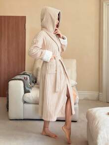 DAZY 女士条纹纹理抓绒撞色连帽长袍，冬季家居服