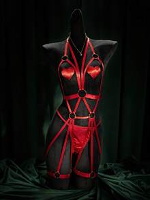 SpicyHot 4pcs Sexy Heart-Shaped Pasties, Woven Straps, Metal Ring Lingerie Set - Red - View 1