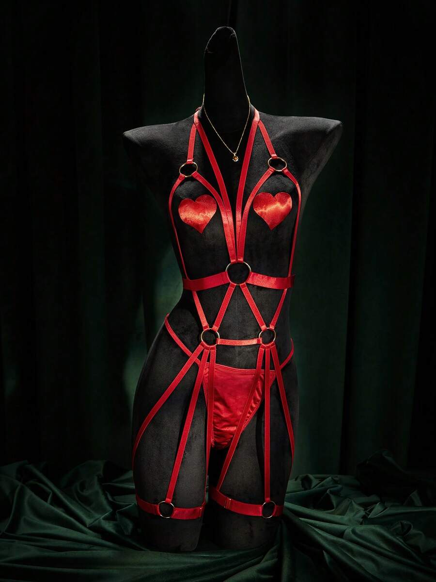 SpicyHot 4pcs Sexy Heart-Shaped Pasties, Woven Straps, Metal Ring Lingerie Set - Red - View 1