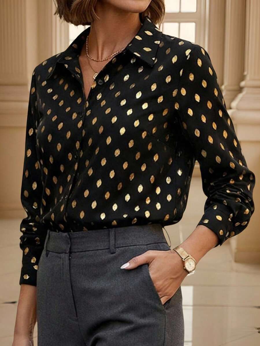 SHEIN Clasi Beige Striped Button-Up Shirt, Elegant Office Wear For Women Winter Christmas New Year Thanksgiving Graduation Elegant Formal Black - Black - View 1