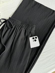 Comfortcana Plus Size Women Simple Solid Color Wide Leg Summer Pants - Black - View 6