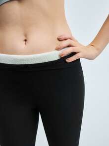 Loungeista 1件冬季运动紧身裤高腰加厚羊毛裤保暖天鹅绒加厚保暖裤羊毛打底裤冬装女 - 黑色 - 查看 6