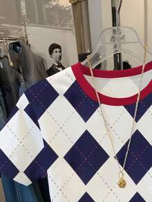 Resyla Women's Colorblock Round Neck Short Sleeve Argyle Casual T-Shirt, Versatile For Summer