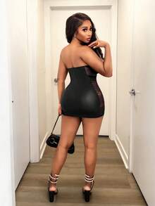 BamGleam Ladies' Strapless Backless Lace-Spliced See-Through Black Mini Dress, Coated Bodycon Elegant Party Outfits For Summer, Techno, Club Night, Rave - Black - View 3