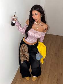 Coolane 女士春夏街头休闲度假复古学院风粉色条纹舒适弹力修身露肩长袖T恤 - 粉色 - 查看 3