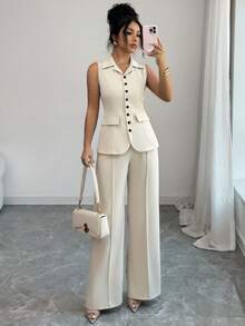 Elenzga 女士优雅两件套，杏色V领外套，黑色撞色纽扣，假口袋设计，教师制服风格，优雅职业装，秋季新品，必备时尚高端优雅收腰上衣搭配宽松直筒裤两件套，全新春秋系列，女士圣诞派对装扮，新年装扮 - 杏色 - 查看 5