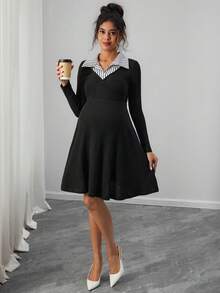 SHEIN Váy midi tay dài họa tiết sọc chắp vá - màu đen - Xem 4