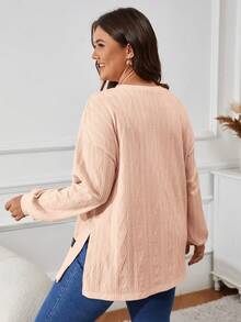 SHEIN VCAY Plus Size Casual Solid Color Side Slit T-Shirt - Apricot - View 2