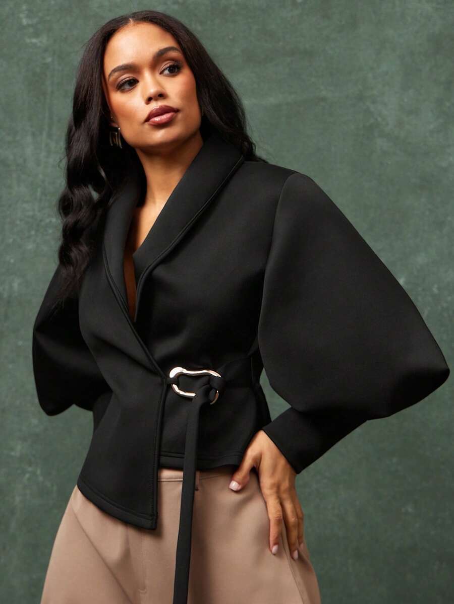 Vixey Áo quấn quanh tay dài phồng trơn tự buộc - màu đen - Xem 1