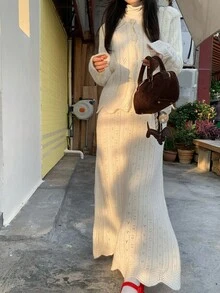 DAZY 女式韩版常规领休闲长袖毛衣和裙子两件套秋冬 - 米色 - 查看 5