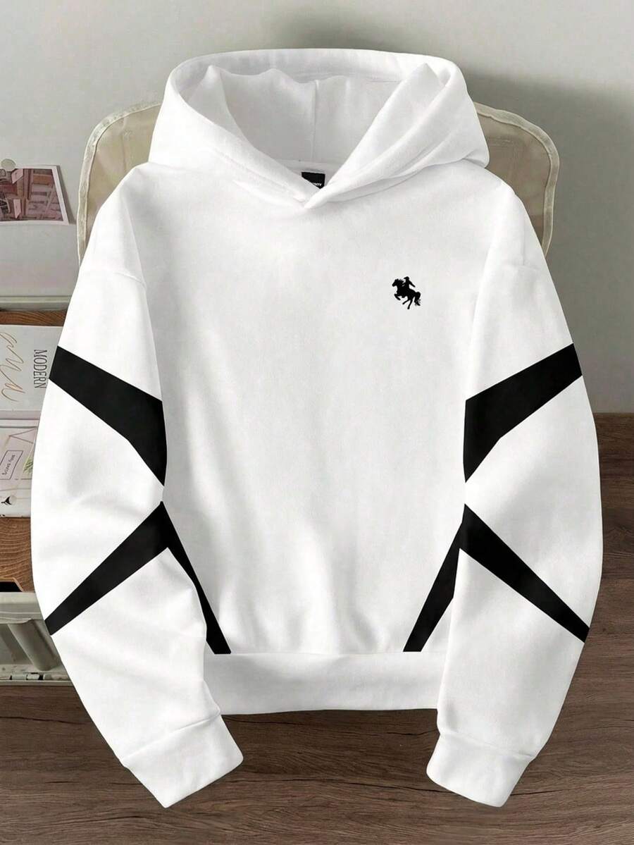 Manfinity Joysei Casual Loose Fit Long Sleeve Hoodie For Men, Ribbed Hem - White - View 1
