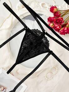 SHEIN 4pcs Set Sexy Lace Bustier Bra And Garter Belt With Fishnet Stockings For Going Out - Black - View 3