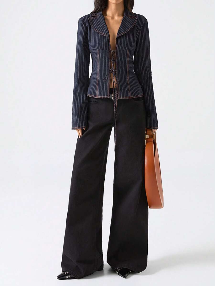 LYSMO 2026 New Arrive Minimalism Spring/Summer Women's Striped Lapel Long Sleeve Front Tie Fashionable Blazer - Black - View 1