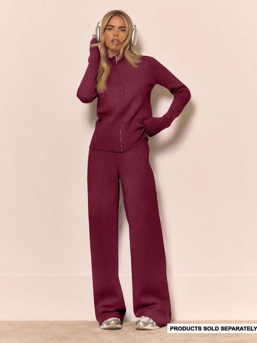 MUSERA 针织直筒裤（仅下装）冬季居家休闲舒适工作可爱优雅休闲时尚运动裤 - 酒紅色 - 查看 1