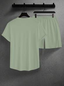 Manfinity Homme Men's Solid Color Short Sleeve T-Shirt And Shorts Set Men Green 2 Piece Set - Mint Green - View 2