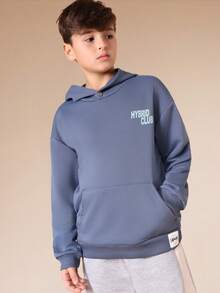 Sudadera con capucha para niños SUMWON con bolsillo central y diseño gráfico de texto mixto, sudadera casual para la escuela y el fin de semana, vacaciones - Azul - Ver 4