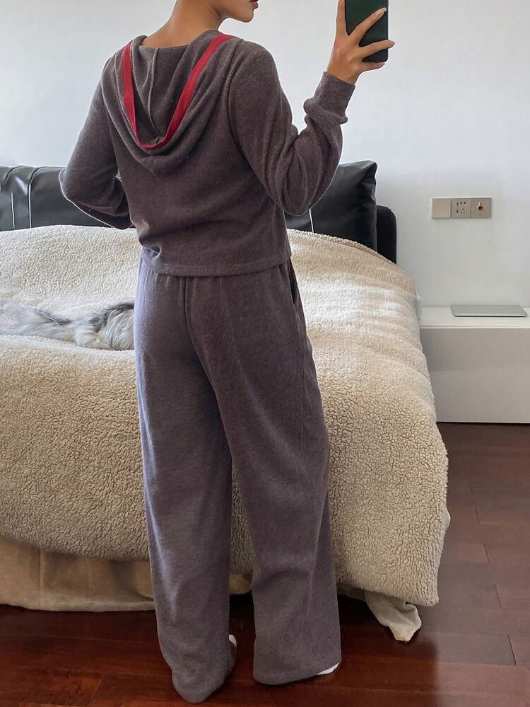 Women's Fleece Hooded Loungewear Set, Color Block Design, Autumn/Winter