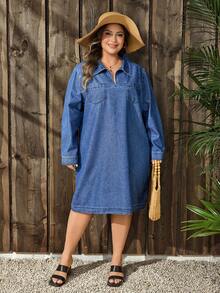 EMERY ROSE Plus Size Women Navy Blue Long Sleeve Casual Straight Loose Denim Dress Winter New Year - Dark Wash - View 3