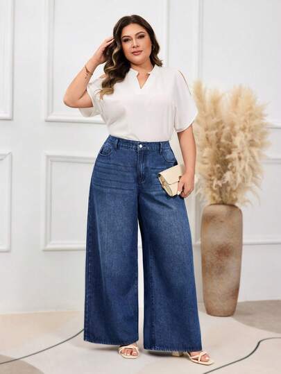 EMERY ROSE Plus Size Women Elastic Waist Wide Leg Jeans, Dark Blue Winter New Year