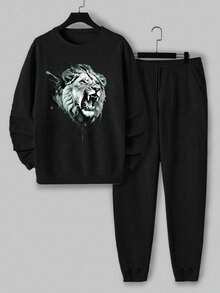 EURMUSE Men Lion Printed Regular Sweatshirt Set - Black - View 2