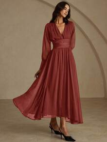 Revavyn Đầm tay dài xòe cổ chữ V bằng vải satin phong cách Âu Mỹ thời trang đa năng, đi làm, thu đông - Hồng - Xem 4