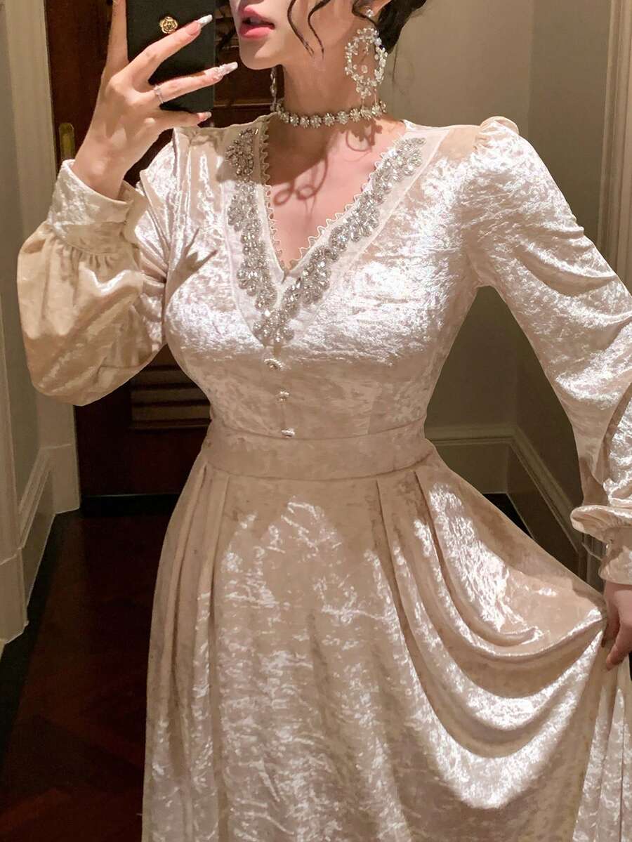 DAZY 优雅收腰连衣裙，V领，天鹅绒衬里，杏色，女士长款舞会礼服 - 杏色 - 查看 1